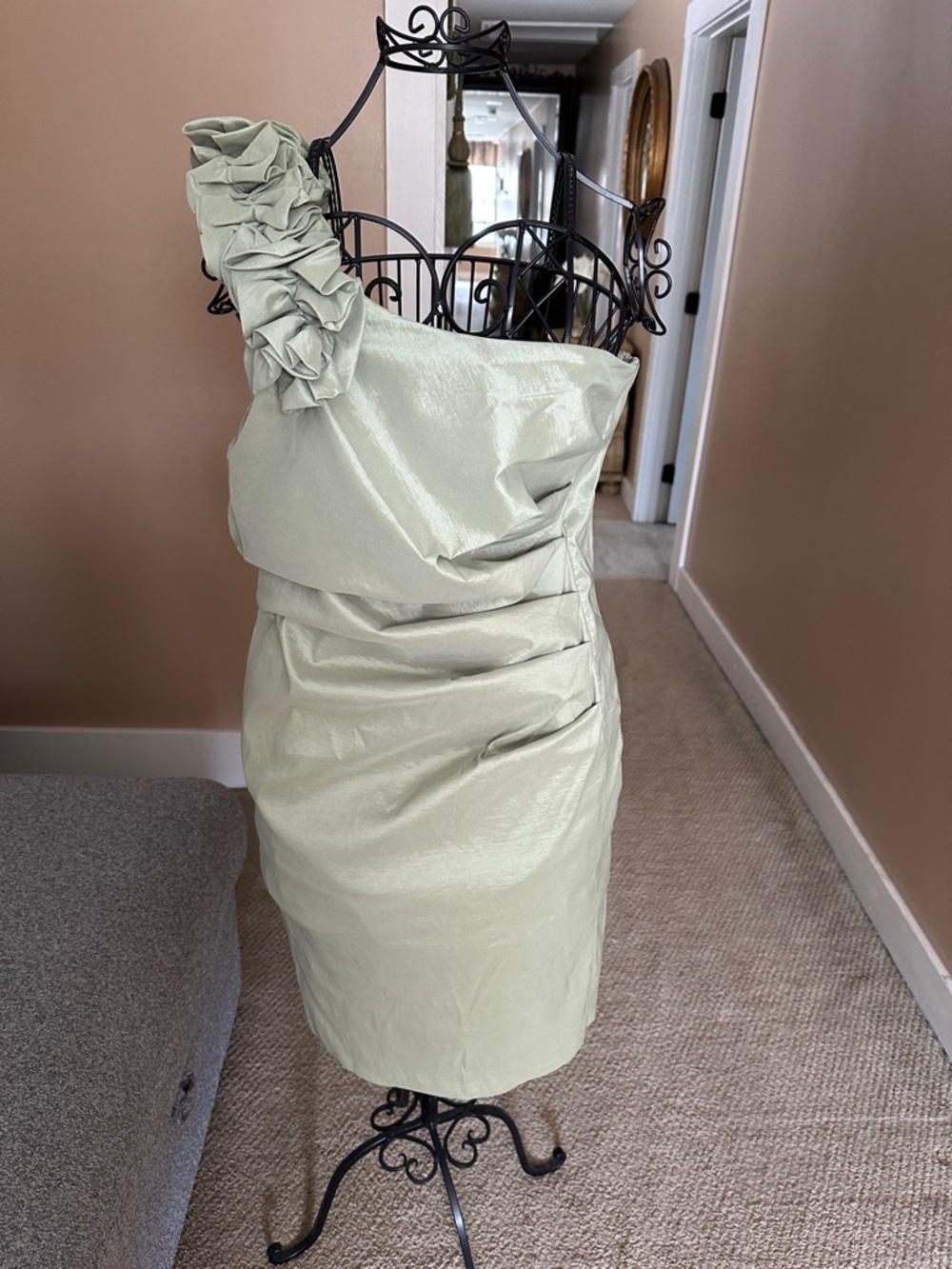 One-Shoulder Sage Green Ruffle Cocktail Dress